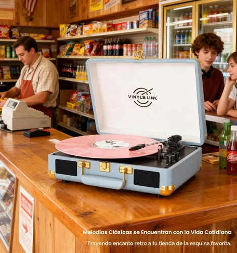 Vista 2 de VINYLSLINK Reproductor de discos de vinilo con Bluetooth, tocadiscos portátil de 3 velocidades con control de agudos y graves, altavoces estéreo