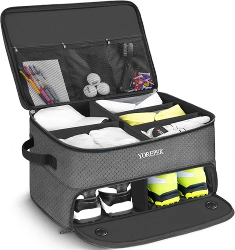 Vista 14 de YOREPEK Organizador de maletero de golf de 2 capas, regalos de golf para hombres con compartimento ventilado separado para 2 pares de zapatos