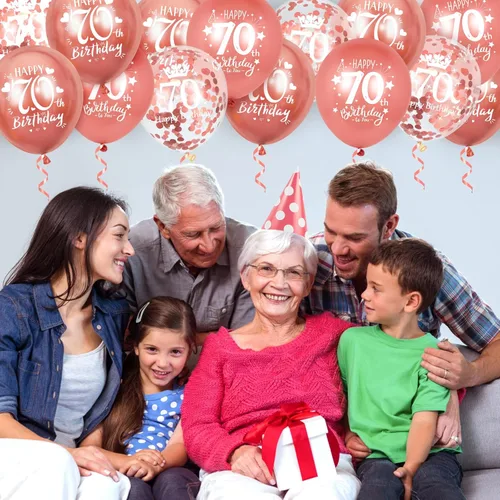 Vista 6 de Globos de látex para cumpleaños número 70, 15 globos de oro rosa con el texto en inglés "Happy 70th Birthday", globos de decoración de fiesta