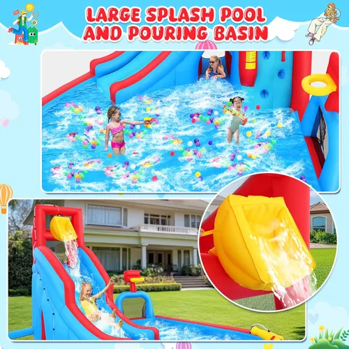 Vista 2 de AKEYDIY Tobogán acuático inflable: cubo de volteo, caseta de rebote de agua, parque de tobogán acuático inflable con piscina de salpicaduras, pared