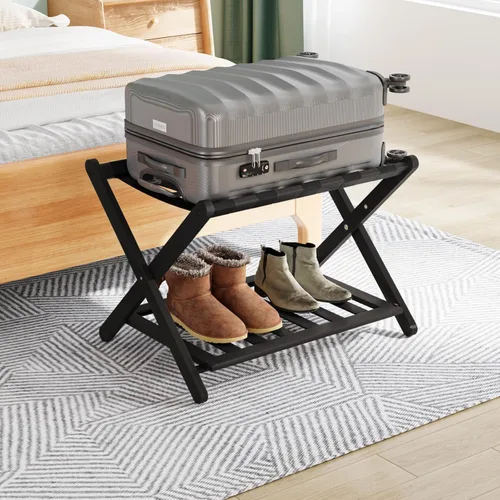 Smuxee Portaequipajes totalmente montado para habitación de invitados, soporte plegable de bambú mejorado para maleta con 5 correas de nailon,