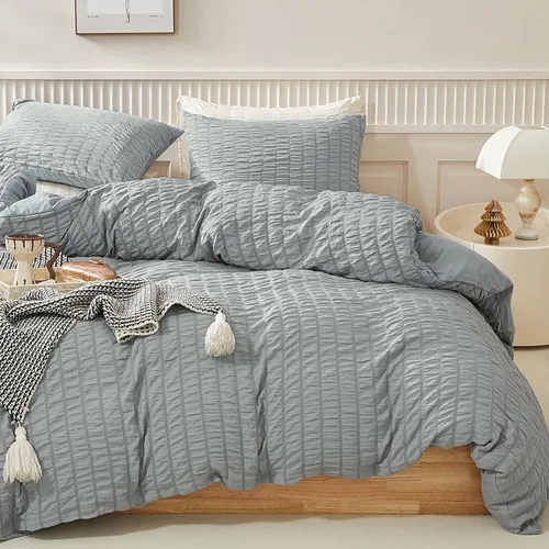 Vista 10 de WARMDERN - Juego de funda de edredón tamaño Queen, juego de ropa de cama de 3 piezas de microfibra lavada color beige, funda de edredón con textura