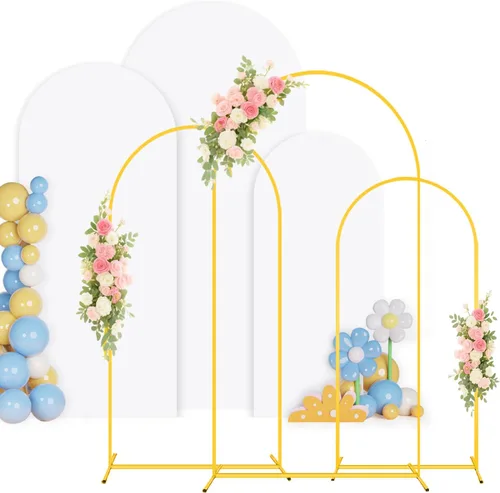 Soporte de arco de fondo y cubierta (6 pies, 5 pies, 4 pies), soporte de arco de metal con cubierta blanca, juego de 3 marcos de arco de boda y