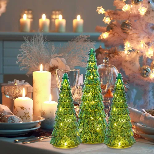Vista 3 de PHITRIC Decoraciones de Navidad para Interiores, 3 Piezas de Centros de Mesa de Árbol de Navidad de Cristal Rojo Brillante con Luces LED