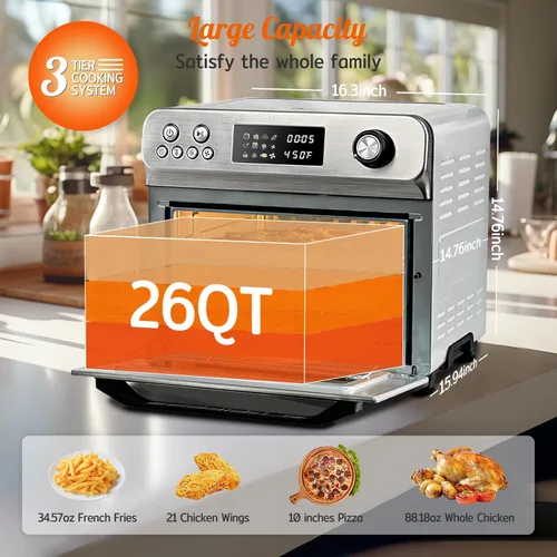 Vista 4 de HYSapientia Combo de horno tostador y freidora de aire, horno de convección de encimera extra grande 10 en 1 de 26 cuartos de galón con control