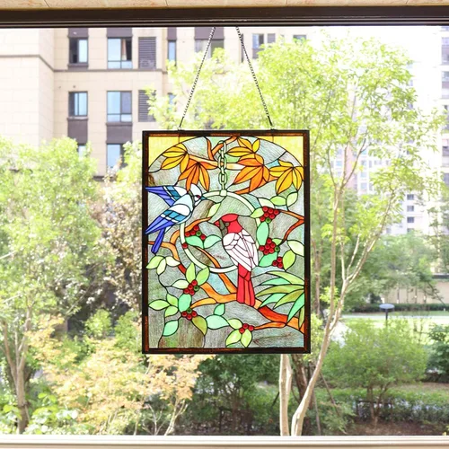 Vista 2 de BIeye W10052 Blue Jay and Cardinal on Branches Tiffany Style - Panel de vitral con cadena, forma rectangular, 18 pulgadas de ancho x 24 pulgadas