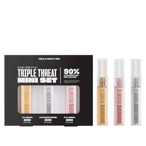 Set Mini Triple Threat de Babe Original, Incluye Suero Esencial para Pestañas Babe Lash y Acondicionador Potenciador + Suero Amplificador para Cejas