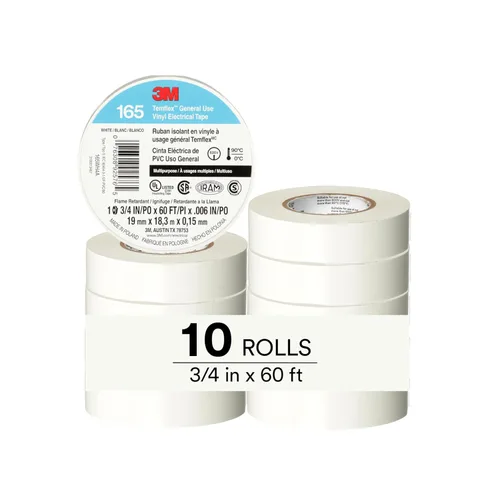 Vista 24 de 3M Temflex Cinta Eléctrica de Vinilo Multiusos 165, Negra, 3/4 pulg x 60 pies (19 mm x 18 m), Paquete de 10 Rollos