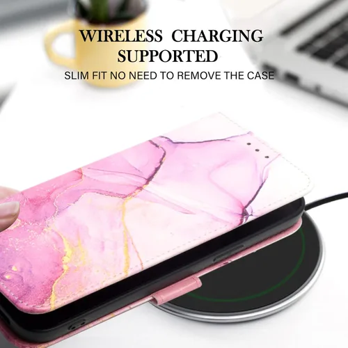 Vista 6 de LEMAXELERS Funda compatible con iPod Touch 5/7, cartera de piel sintética con tarjetero y correa de muñeca desmontable, color rosa y morado