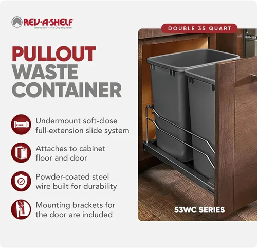 Vista 3 de Rev-A-Shelf 53WC-1835SCDM-2 53WC Series - Papelera doble de montaje inferior con cierre suave, capacidad de 35 cuartos de galón