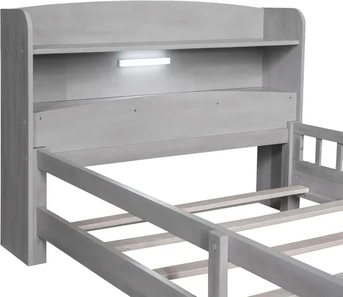Vista 23 de Cama de plataforma de madera tamaño individual con luz LED integrada, cabecera de almacenamiento y barandilla de seguridad para niños, adolescentes