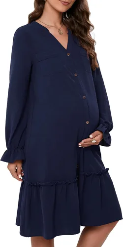 KOJOOIN Vestido de maternidad con cuello en V y manga 34 para mujer, casual, alto-bajo, vestido de lactancia materna con cinturón