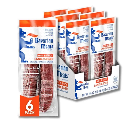 Bavarian Meats Hot & Spicy Landjaeger - Palitos de aperitivo de salchichas ahumadas de estilo alemán, 2.75 onzas (paquete de 6)