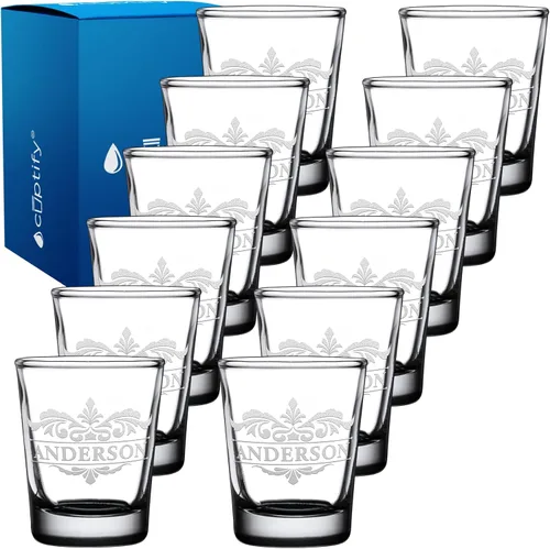 Vista 56 de Vaso de chupito personalizado con nombre de círculo elaborado de 2 onzas, parte inferior negra grabada con texto personalizado para regalos, bodas
