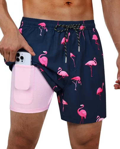 Vista 9 de Gleeease Traje de baño para hombre de 5 pulgadas con forro de compresión, bolsillos, cordón, secado rápido, elástico, divertido, playa, natación