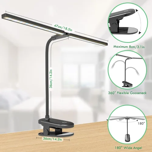 Vista 2 de deaunbr Luz de lectura LED con clip, lámpara de escritorio 48 LED de 2600 mAh, batería recargable por USB, luces de libro recargables por USB, Negro
