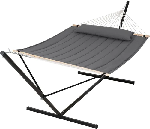Vista 21 de SUNCREAT Hamaca para dos personas con soporte, capacidad de 475 libras, hamaca portátil para patio con barra separadora de madera dura, almohada
