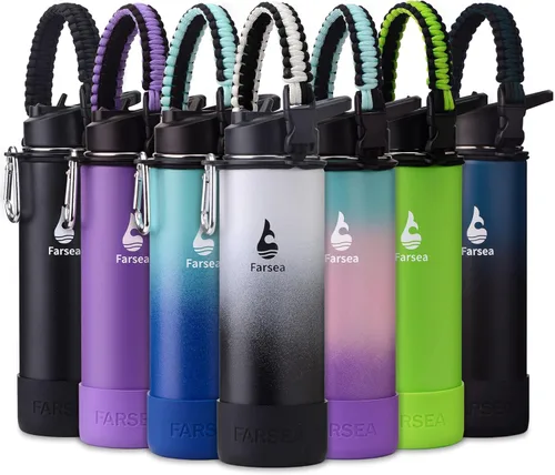 Vista 50 de Botella de agua Farsea aislada con asa de paracord, protector y 2 tapas (tapa de pajita y tapa de boquilla), de acero inoxidable, boca ancha, doble