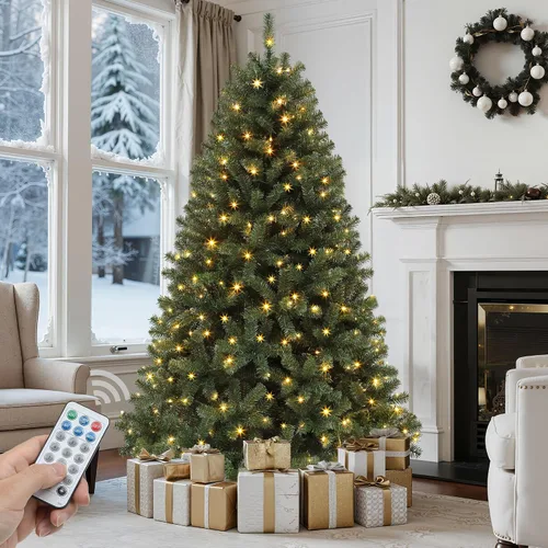 Vista 19 de GOOBED - Árbol de Navidad negro preiluminado de 6 pies con control remoto y 11 modos de luz Black Pre-Lit Spruce Hinged Artificial Halloween