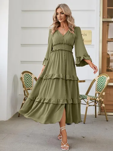 Vista 2 de Amegoya Vestido largo bohemio de manga larga con cuello en V para mujer, vestido largo de compromiso para invitadas de boda