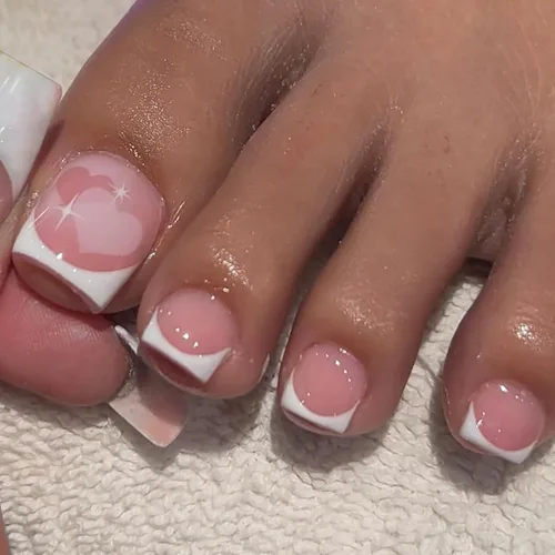 Vista 12 de Lindas uñas postizas a presión con punta francesa rosa, uñas postizas cuadradas de cobertura completa con diseños de dijes de lazo, uñas acrílicas