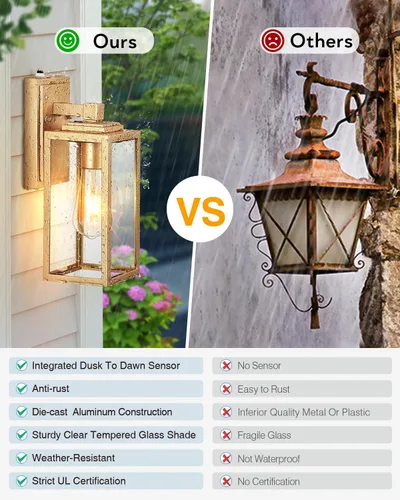 Vista 6 de VIANIS Lámpara de pared dorada para exteriores, sensor de atardecer a amanecer, apliques de montaje en pared exterior para casa, lámparas de pared