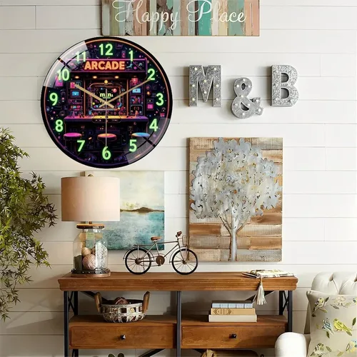 Vista 6 de 12-Inch Silent Tempered Glass Wall Clock, Retro Mini Arcade Clock Neon Art(1) ” Silent Non-Ticking Clock, Battery Operated