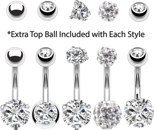 Vista 2 de BodyJ4You Juego de 5 anillos de ombligo de acero inoxidable CZ 14 G para mujer, 5 bolas de repuesto