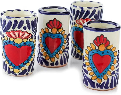 Vista 39 de Juego de 4 vasos de chupito Talavera auténticos mexicanos para tequila - Pintados a mano - 2 Oz (Talavera colorida)