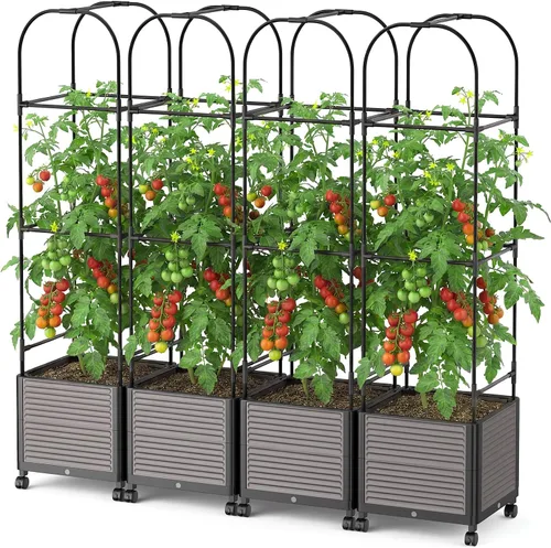 Vista 7 de DoCred Jardinera elevada de 60 pulgadas de alto con ruedas, maceta de tomate con enrejado para trepar verduras, plantas, jaula de tomate, uso