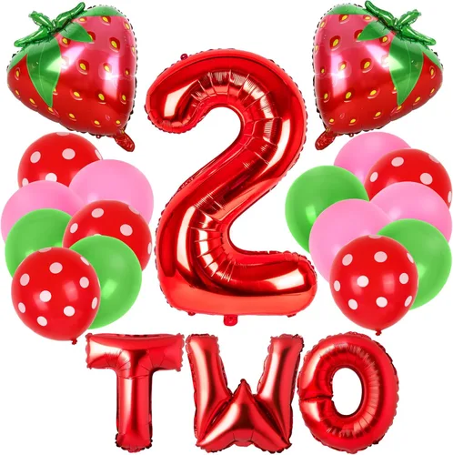 Whaline 30 piezas de decoración de cumpleaños número 2, globos de fresa número 2, globos de fresa, globo rosa y verde para decoración de fiesta de