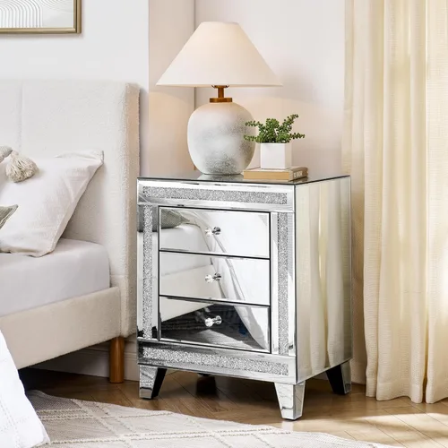 Vista 78 de HomVent Mesita de noche con espejo, mesa auxiliar con espejo, mesa de noche pequeña de cristal plateado para dormitorio, sala de estar