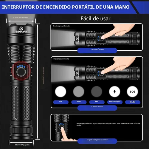 Vista 5 de Esgofo Linternas de alto lúmenes 10000 recargables, luz LED de mano súper brillante, potentes linternas de emergencia, impermeables, de larga
