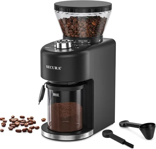 Secura Molinillo de café cónico de acero inoxidable, 35 ajustes de molienda, capacidad de 2 a 12 tazas, almacenamiento de granos de 8.8 onzas,