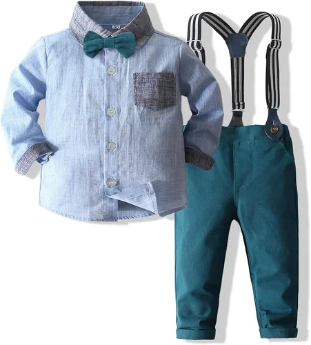 Kimocat Ropa para bebé niño, ropa de caballero, traje para recién nacido, camisa de pajarita + pantalones con tirantes