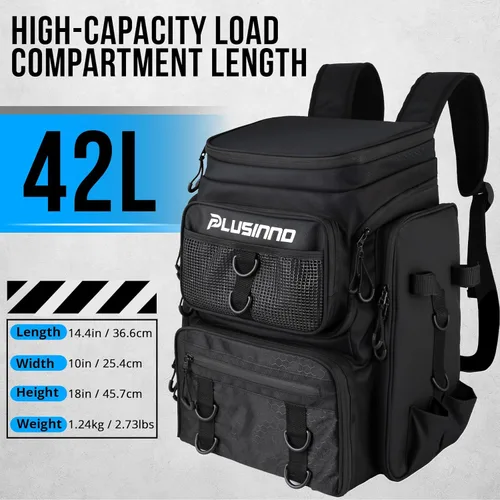 Vista 4 de PLUSINNO - Mochila de pesca con portacañas y caja de aparejos, 42L Bolsa grande resistente al agua para equipo de pesca