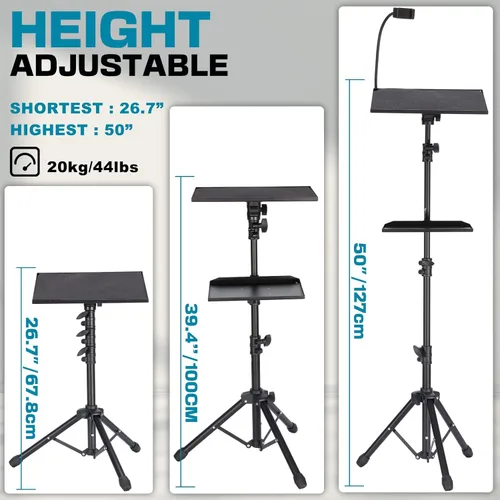 Vista 2 de Lusweimi Soporte de trípode para proyector, soporte para laptop de 50 pulgadas con 2 estantes para proyector, iPad, equipo de DJ, soporte de suelo