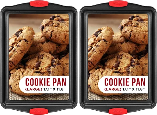 Vista 10 de Bandeja antiadherente para galletas de acero al carbono, bandeja de horno con asas de silicona rojas - Bandeja pequeña para hornear