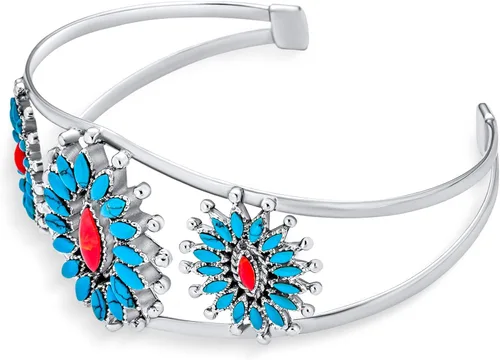 Vista 2 de Personaliza el estilo navajo del suroeste rojo naranja, coral, turquesa, Zuni con punta de aguja, collar o pulsera ancha para mujer, plata de ley