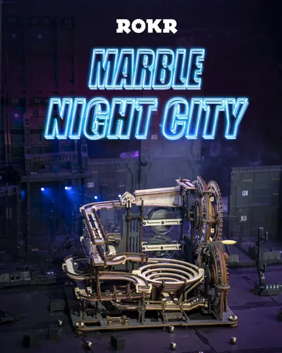 Vista 3 de ROKR Rompecabezas de madera 3D para adultos, kit de construcción de modelo de carrera de canicas (LGA01 Marble Night City)