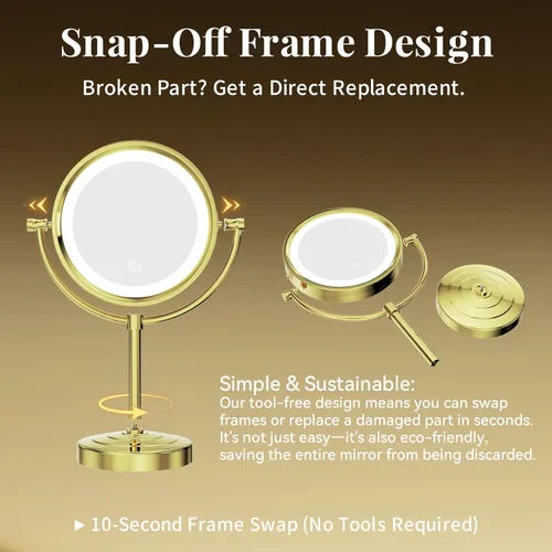 Vista 6 de GURUN Espejo de maquillaje de mesa con luz LED de 8.5 pulgadas con aumento de 10x regulable, 3 colores, control táctil, 4500 mAh, acabado dorado