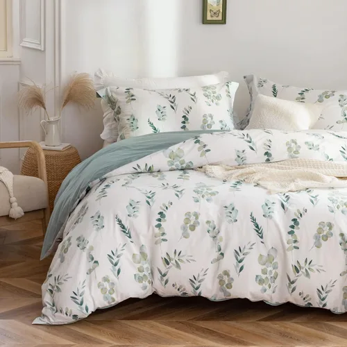 Vista 10 de MILDLY - Juego de funda de edredón con patrón, 3 piezas, 100 % algodón lavado, diseño de jardín floral botánico con hojas de flores, sensación