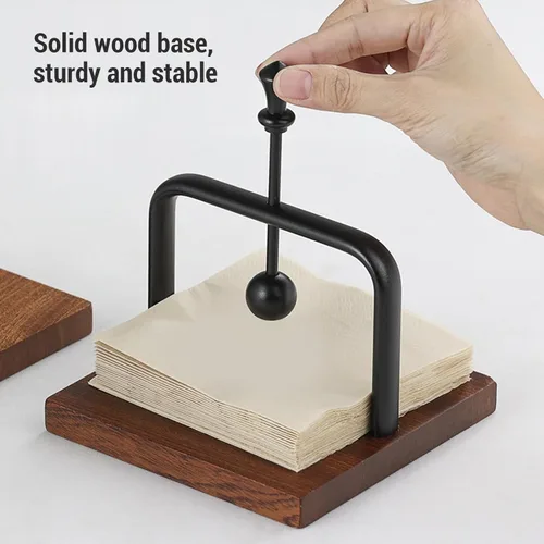 Vista 5 de Vintage Square Cocktail Paper Towel Stand Table Napkin Holder with Lifting Ball Solid Wood Base Metal Rack Napkin Dispenser for Restaurant, Black