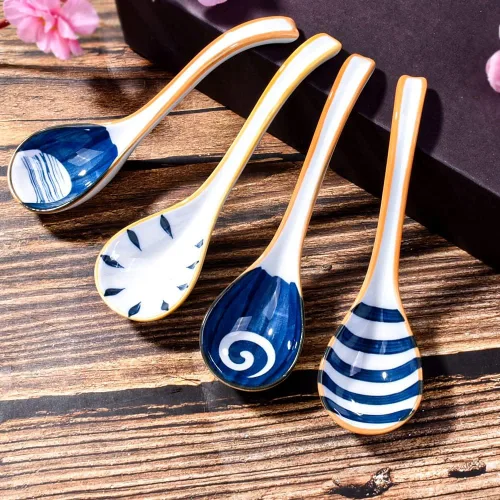 Vista 2 de Juego de 4 cucharas de sopa de cerámica asiática de porcelana de mango largo japonesas para fideos Pho Wonton Dumpling Rice