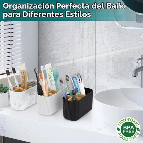 Vista 5 de GFWARE Soporte para cepillos de dientes negro – Portacepillos de dientes de bambú para baños, organizador de cepillos de dientes eléctrico