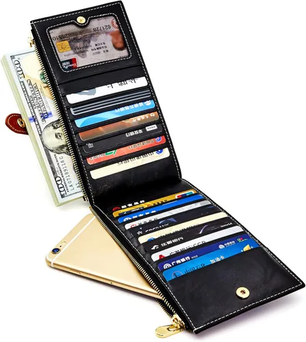 Vista 2 de ANDOILT - Cartera de cuero genuino para mujer con bloqueo RFID para tarjeta de crédito con cremallera