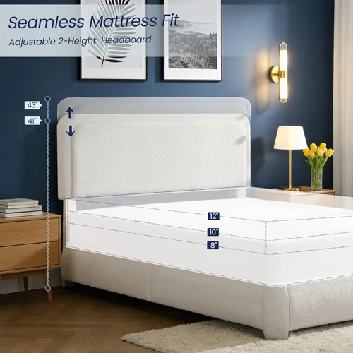 Vista 3 de Flolinda Base de cama tapizada de tamaño Queen con cabecera ajustable, plataforma moderna con listones de madera de tela Boucle, perfil bajo,