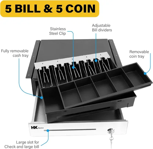 Vista 4 de HK SYSTEMS Cajón de efectivo POS negro resistente de 16 "acero inoxidable" con 5Bill/5Coin con soporte de metal de montaje debajo del mostrador