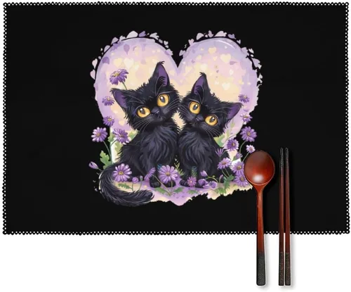 Black Cats Flower Placemats Set of 6 Resistant Table Mats Washable Place Mats for Dinner Party Table Decoration