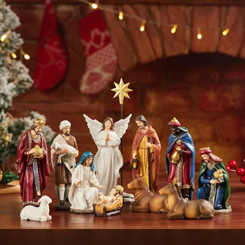 Vista 10 de BESBLEE Juego de 13 piezas de Navidad para interiores, decoración del hogar, decoración clásica de resina, decoración para el hogar, decoración